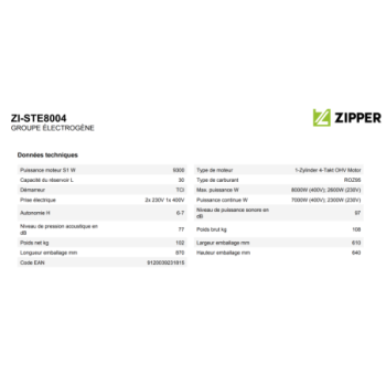ZIPPER - GROUPE ELECTROGENE 9300W ZI-STE8004