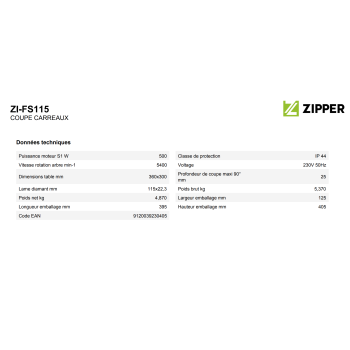 ZIPPER - COUPE CARREAUX ELECTRIQUE DIAM 115MM ZI-FS115