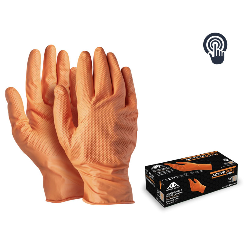 ACTIVE GEAR - GANT NITRILE ORANGE DIAMOND GRIP NON POUDRE 8.5G - ACTIVE DEXT D3680 - 50 BOITES