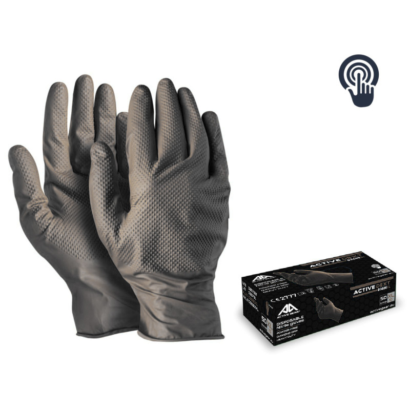 ACTIVE GEAR - GANT NITRILE NOIR DIAMOND GRIP NON POUDRE 8.5G - ACTIVE DEXT D3690 - 50 BOITES
