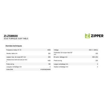 ZIPPER - SCIE A BRIQUE SUR TABLE ZI-ZSM600