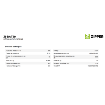 ZIPPER - DESHUMIDIFICATEUR ZI-BAT50