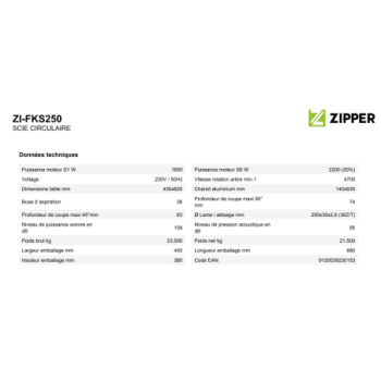 ZIPPER - SCIE CIRCULAIRE SUR TABLE DIAM 250MM  ZI-FKS250