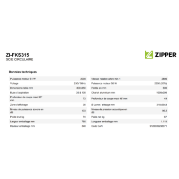 ZIPPER - SCIE CIRCULAIRE SUR TABLE DIAM 315MM  ZI-FKS315